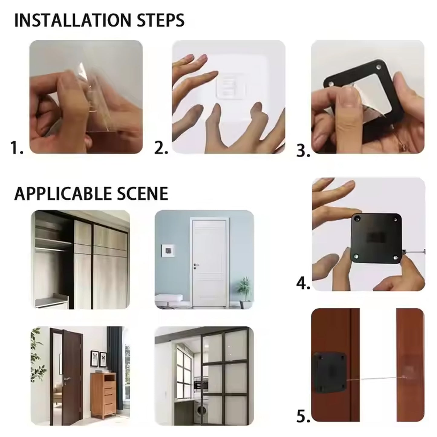 Automatic Door Closer Punch-Free | Self Closing Door Sensor with Steel Wire Rope | No-Drill Adhesive Door Closer for Wooden, Glass & Metal Doors