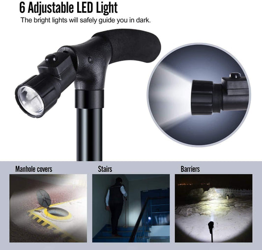 Collapsible Walking Stick with LED Light | Foldable Anti-Slip Support Stick for Indoor & Outdoor Use
